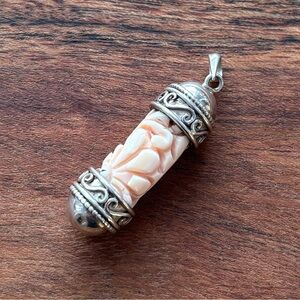 Elegant Silver and Pink Cream Carved Shell Scroll Pendant